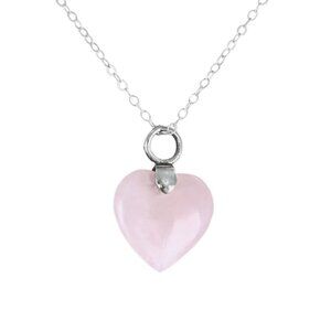 Natural Rose Quartz Heart Shaped Pendant Charm Sterling Silver Chain Necklace